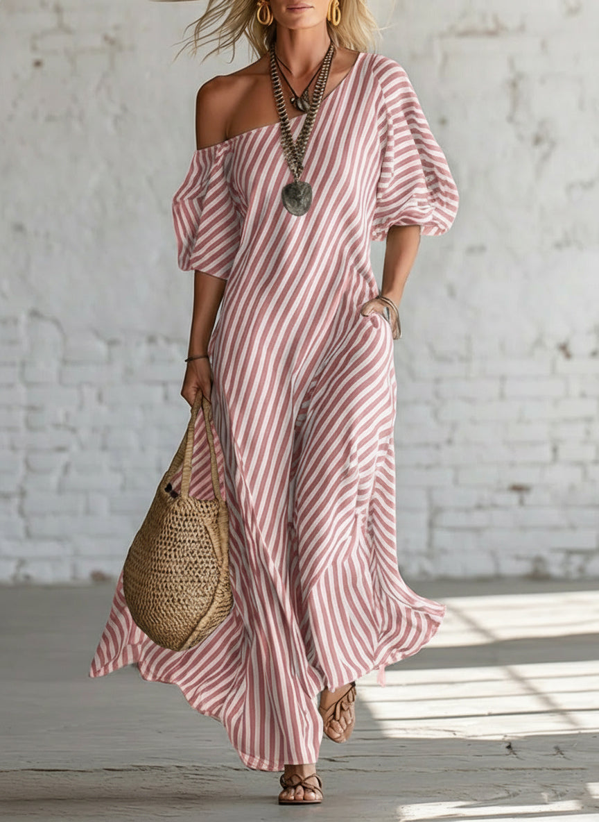 Women's Elegant And Classic Striped Off-shoulder Maxi Dress