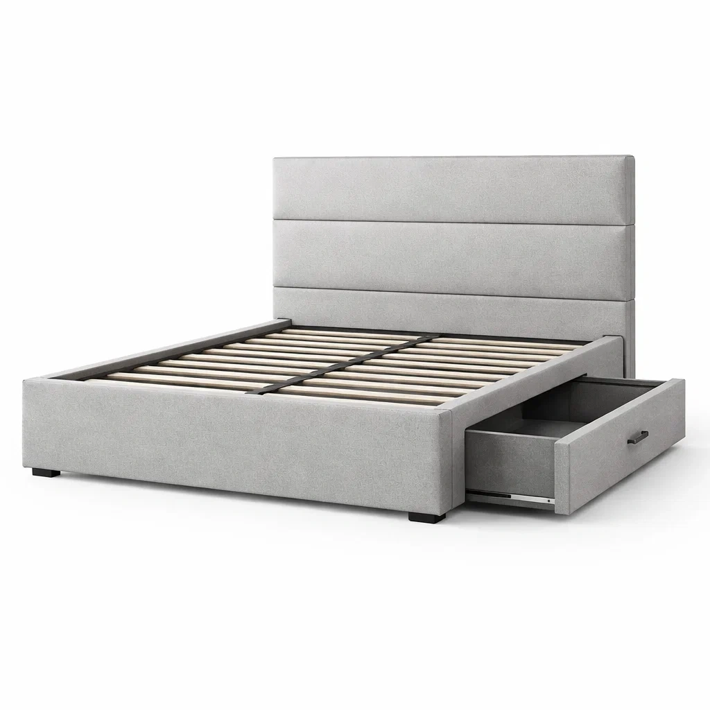 Letto contenitore matrimoniale in tessuto grigio con cassetto-COZYDREAMSPACE