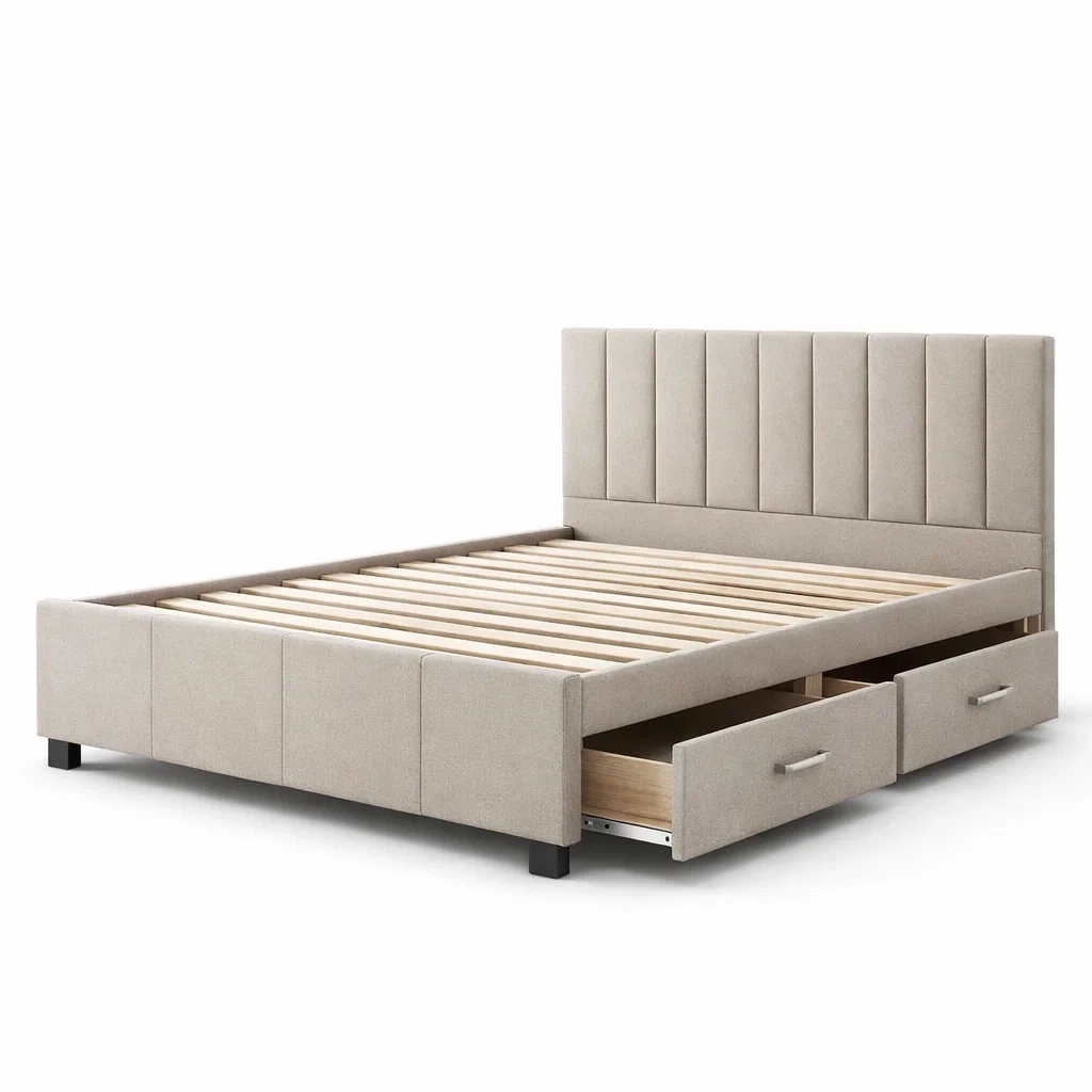 Letto contenitore matrimoniale in tessuto beige-COZYDREAMSPACE