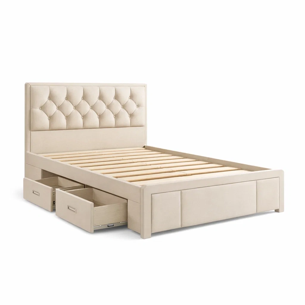 Letto contenitore in legno con rivestimento in tessuto beige e cassetti-COZYDREAMSPACE