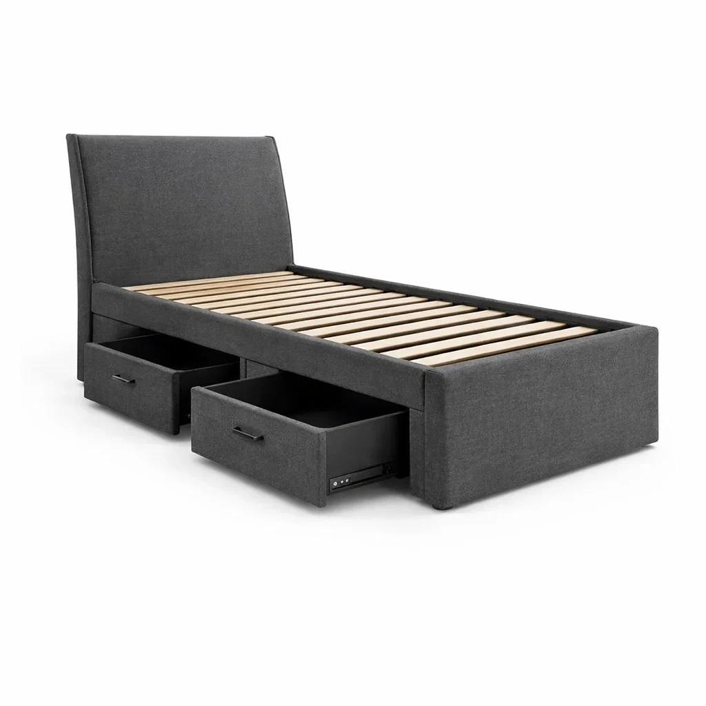 Letto contenitore singolo in tessuto grigio con cassetti-COZYDREAMSPACE