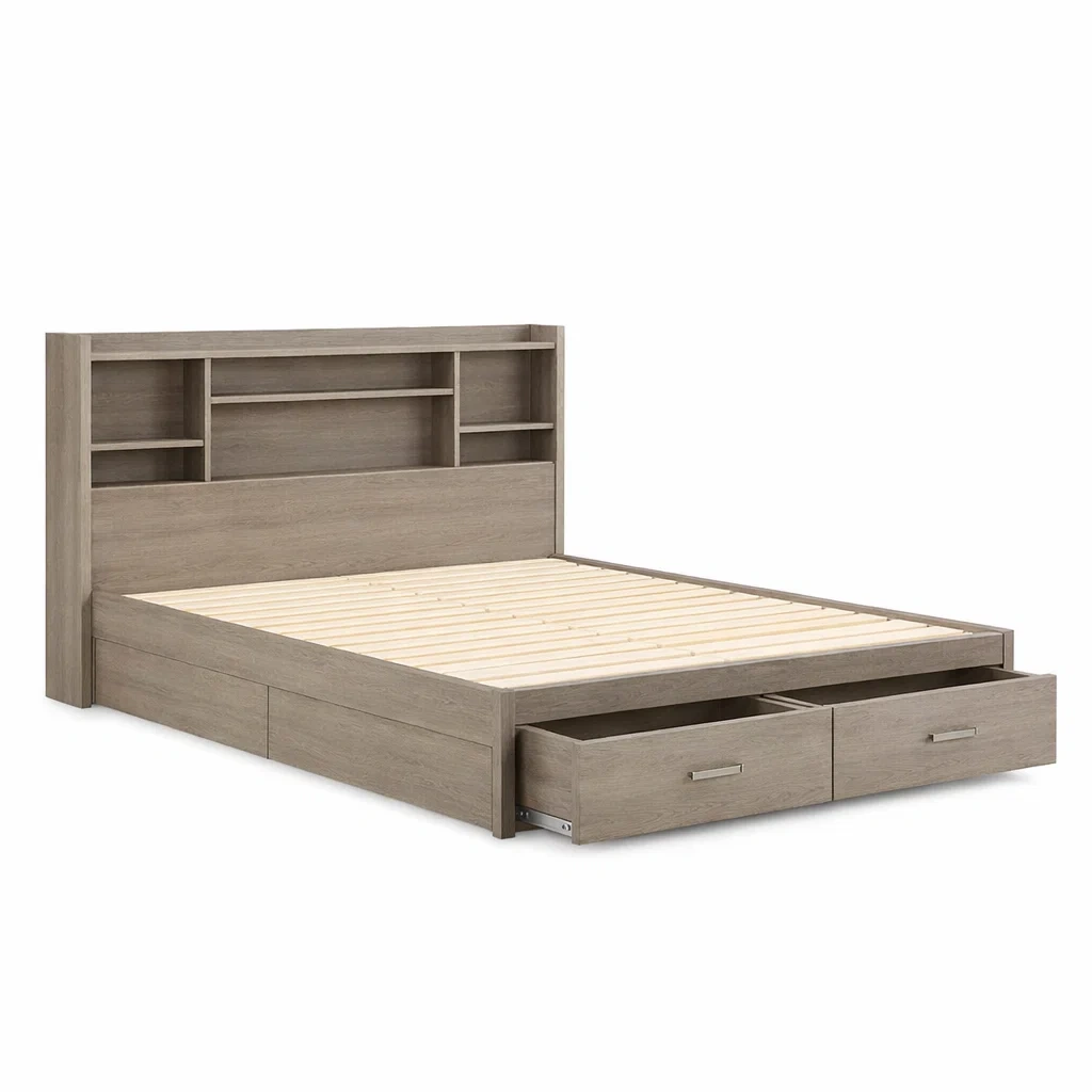 Letto contenitore in legno grigio con cassetti e libreria-COZYDREAMSPACE