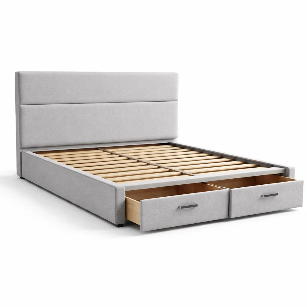 Letto contenitore matrimoniale in tessuto grigio con testiera imbottita e cassetti-COZYDREAMSPACE
