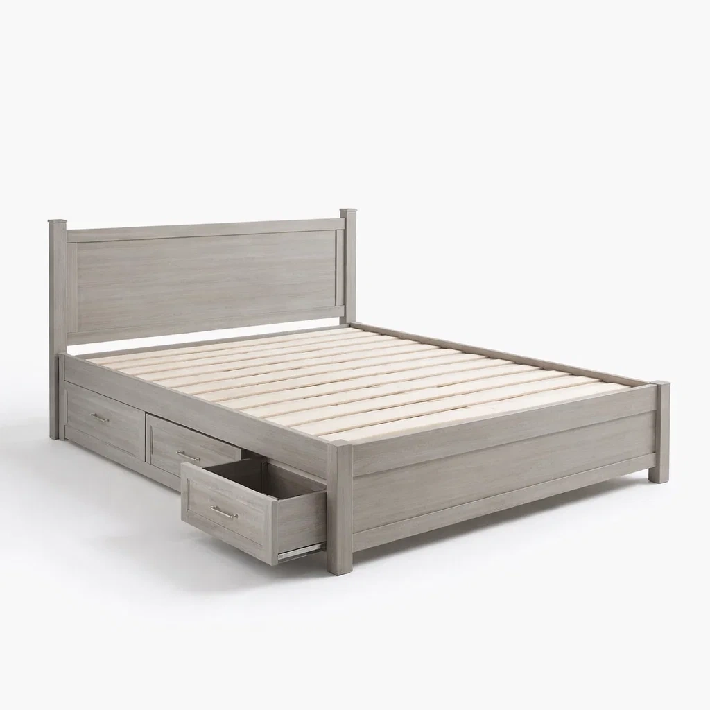 Letto contenitore matrimoniale in legno massello grigio con cassetti integrati-COZYDREAMSPACE