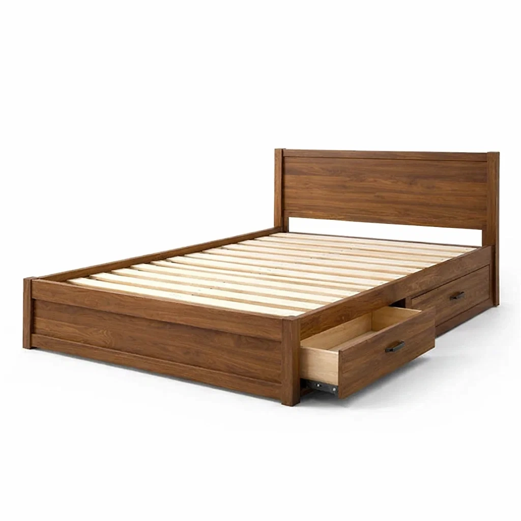 Letto contenitore matrimoniale con cassetti in legno massello marrone-COZYDREAMSPACE