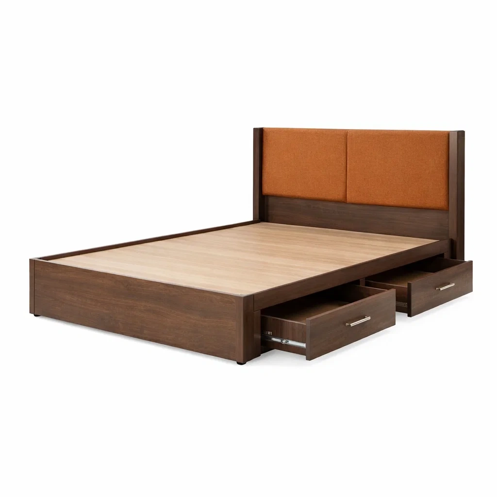 Letto contenitore matrimoniale con cassetti e testiera in tessuto marrone e arancione-COZYDREAMSPACE