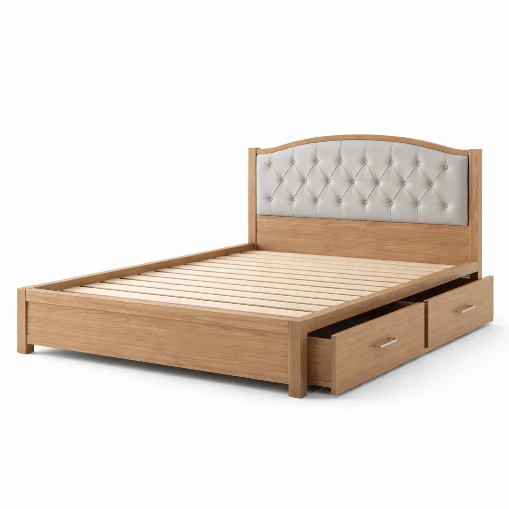 Letto contenitore matrimoniale in legno con testiera in tessuto grigio e cassetti-COZYDREAMSPACE