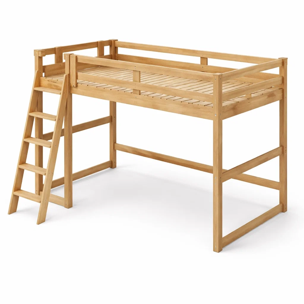 Letto a soppalco in legno con scaletta laterale-COZYDREAMSPACE