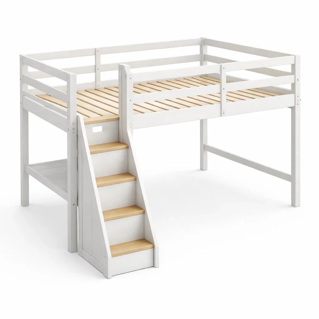 Letto a soppalco in legno di pino bianco con scala integrata-COZYDREAMSPACE
