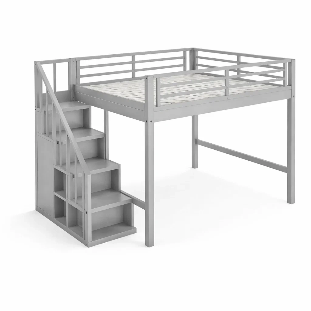 Letto a soppalco in legno con scala e libreria grigio-COZYDREAMSPACE