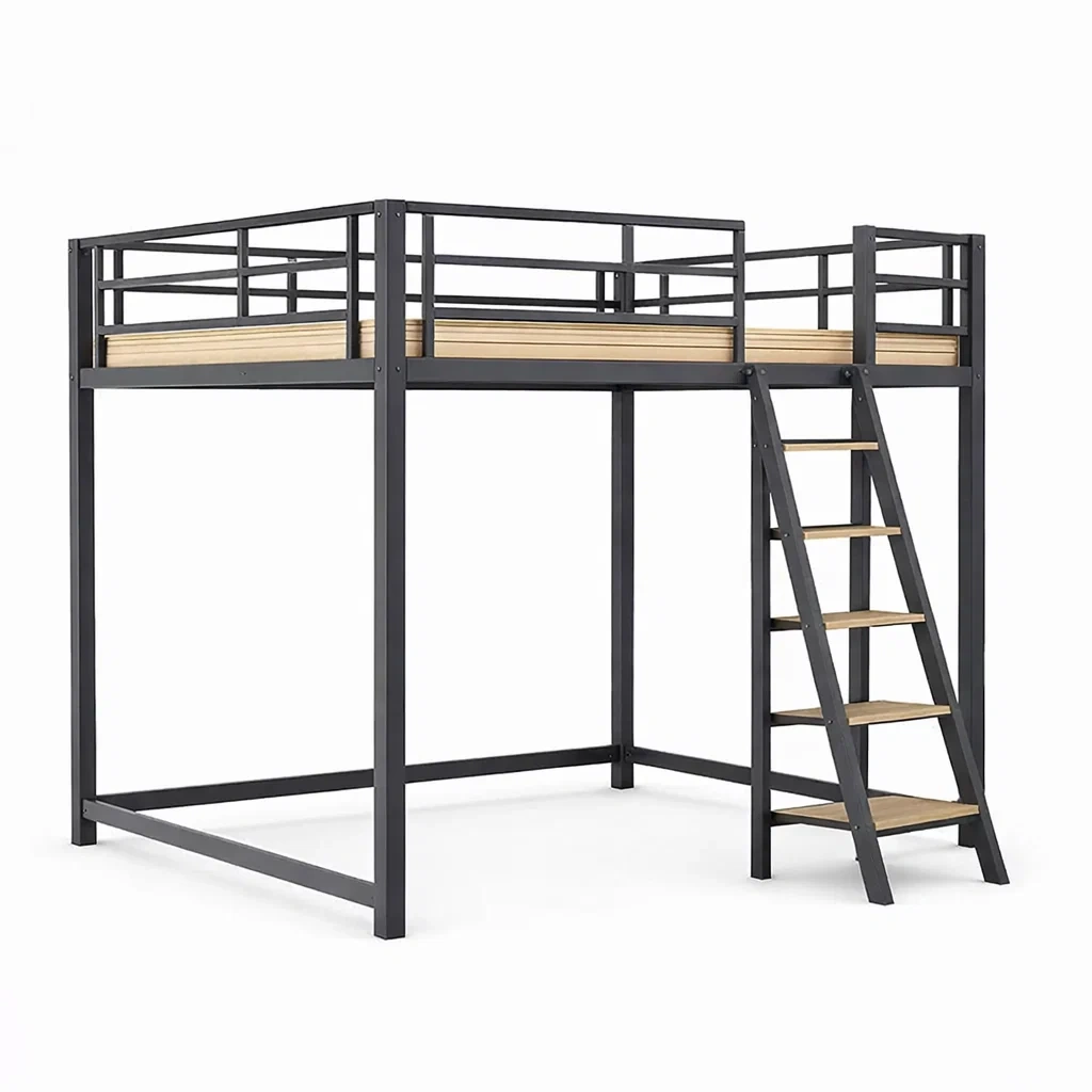 Letto a soppalco in metallo nero e legno con scala-COZYDREAMSPACE