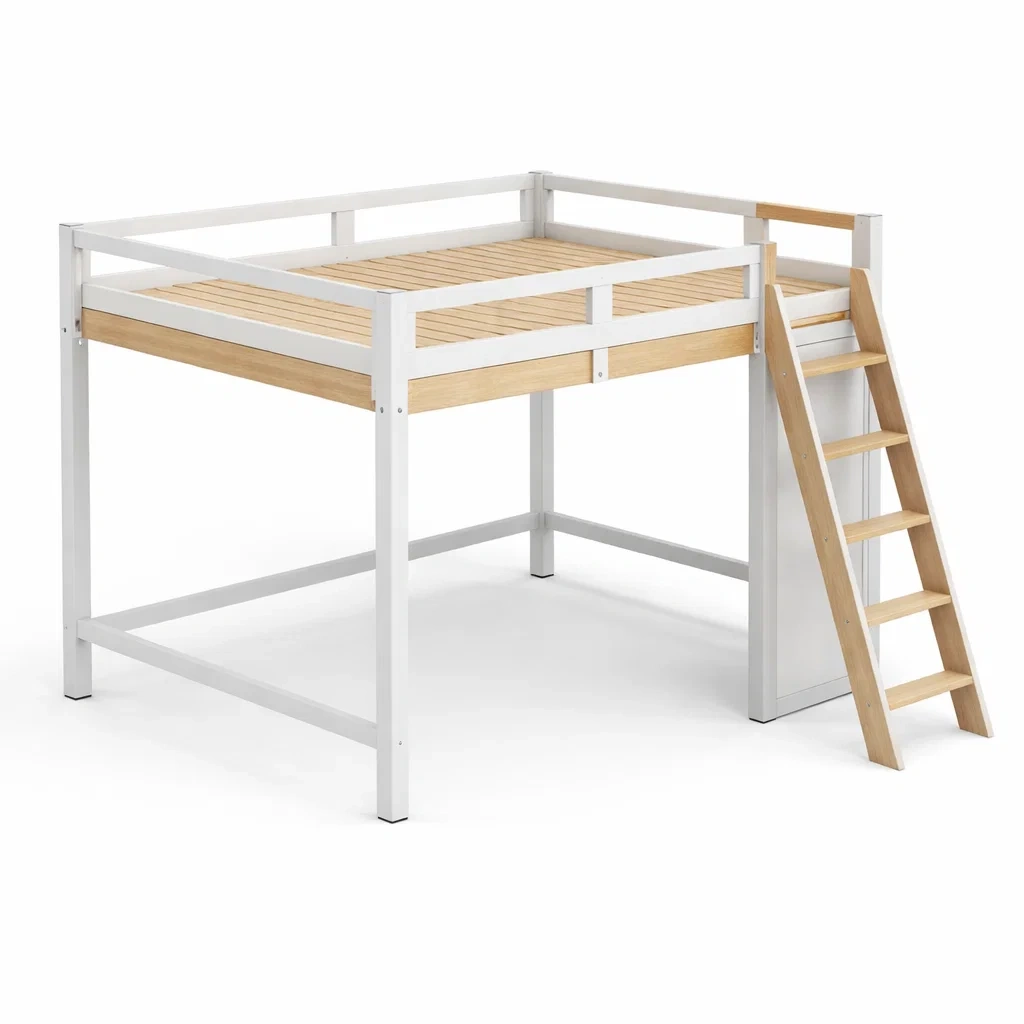 Letto a soppalco in metallo e legno bianco e naturale con scala-COZYDREAMSPACE