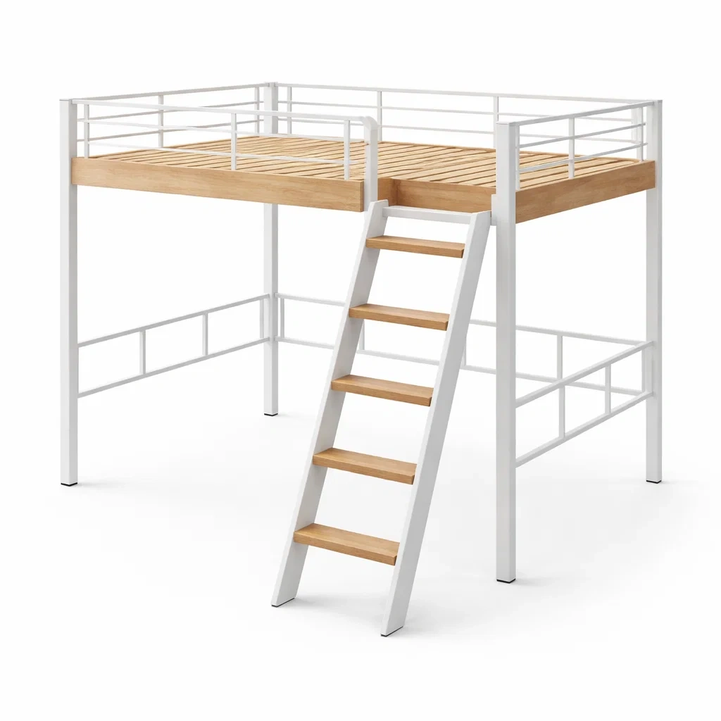 Letto a soppalco in metallo bianco e legno con scala integrata-COZYDREAMSPACE