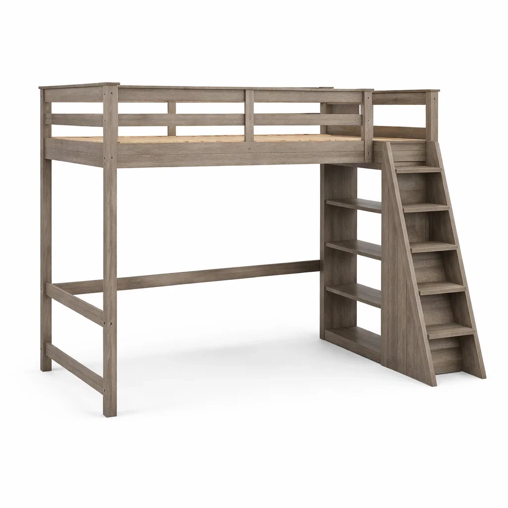 Letto a soppalco in legno con scala libreria-COZYDREAMSPACE