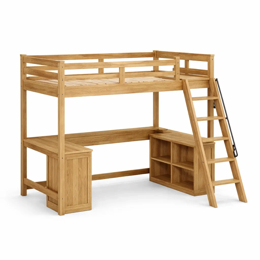Letto a soppalco con scrivania e libreria in legno di rovere-COZYDREAMSPACE