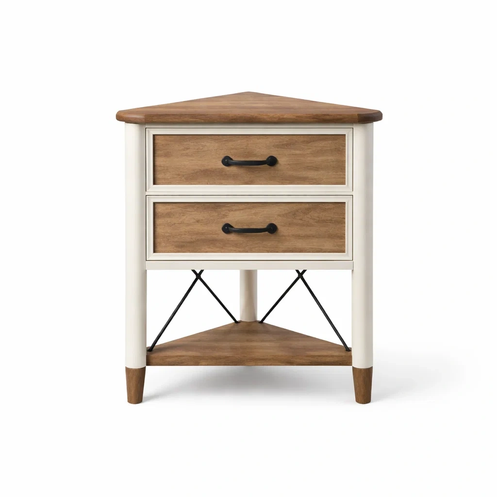 Comodino angolare in legno di pino e metallo verniciato bianco e marrone-COZYDREAMSPACE
