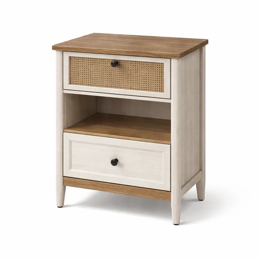 Comodino in legno di pino con cassetto in rattan-COZYDREAMSPACE