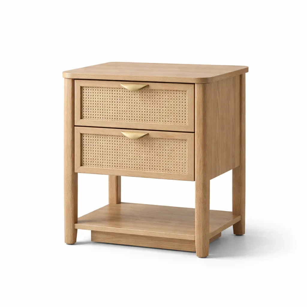 Comodino in rovere e vimini con 2 cassetti-COZYDREAMSPACE