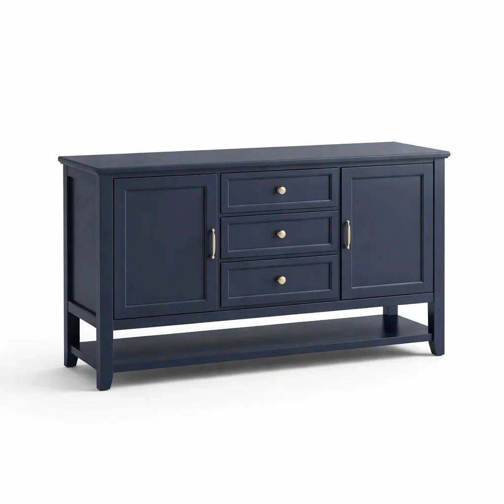 Credenza in legno blu con 2 ante e 3 cassetti-COZYDREAMSPACE