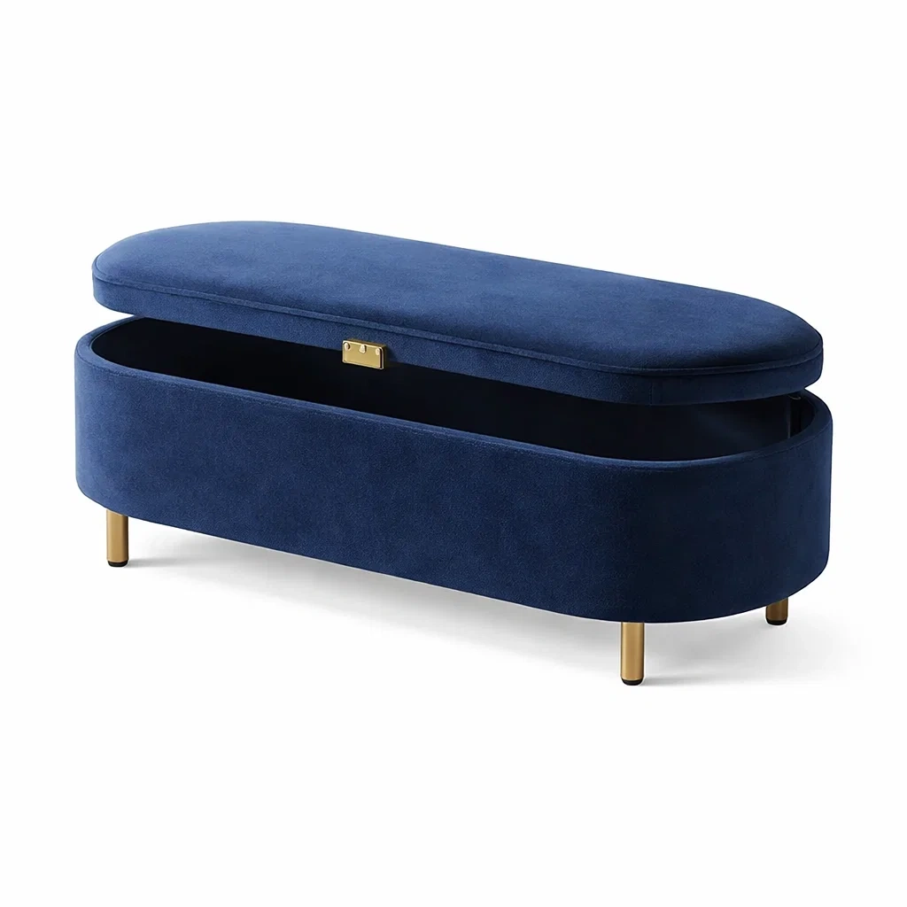 Panca contenitore in velluto blu con gambe in metallo dorato-COZYDREAMSPACE