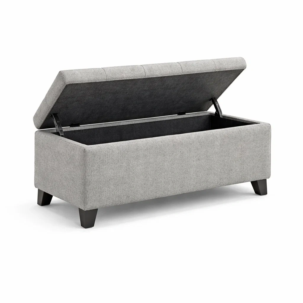 Panca contenitore rettangolare in legno e tessuto grigio-COZYDREAMSPACE
