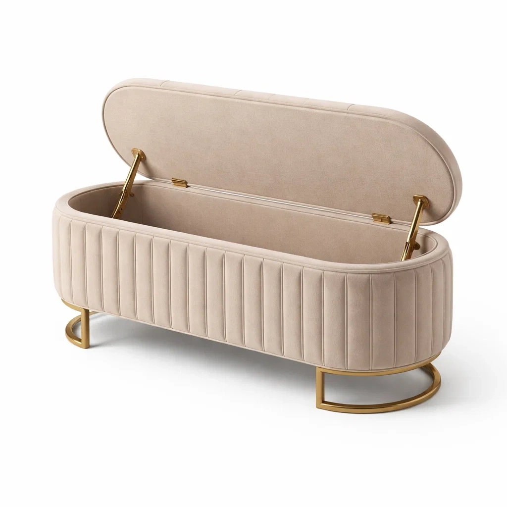 Panca contenitore in velluto con gambe in metallo beige-COZYDREAMSPACE