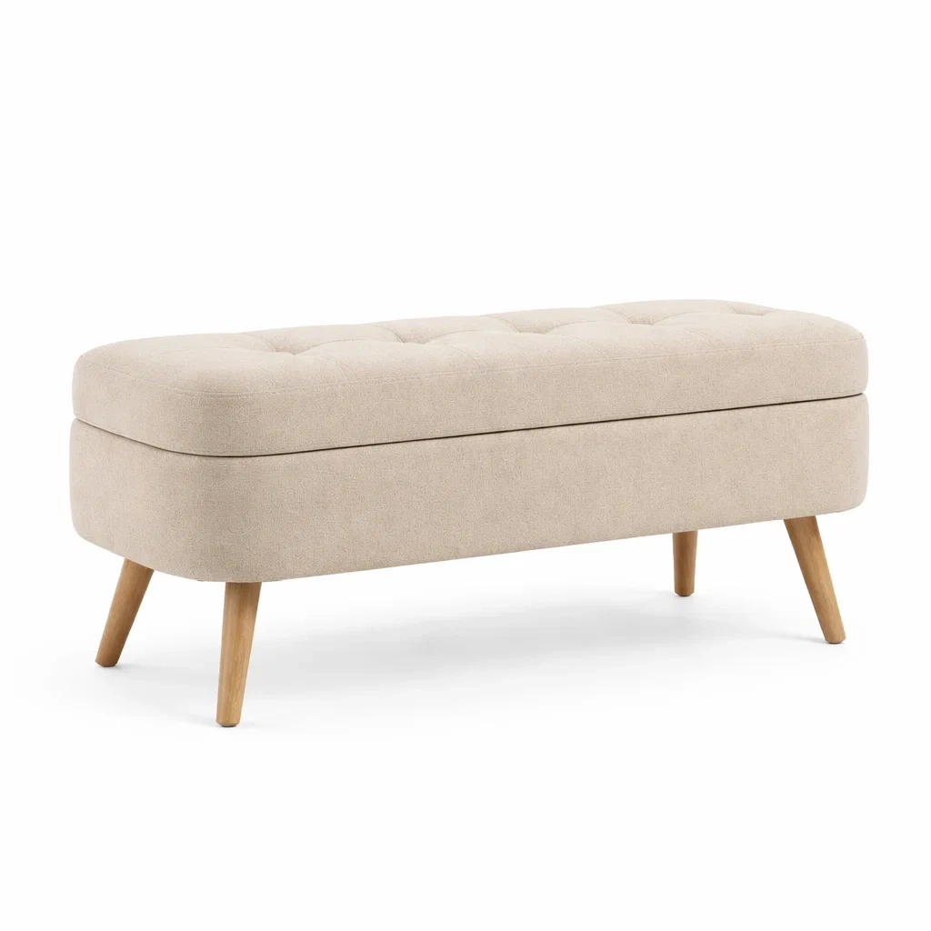 Panca contenitore in tessuto beige con gambe in legno massello-COZYDREAMSPACE