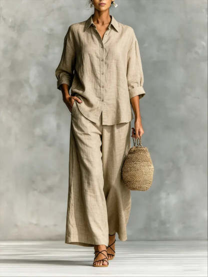 Women's Simple Cotton And Linen Shirt Set