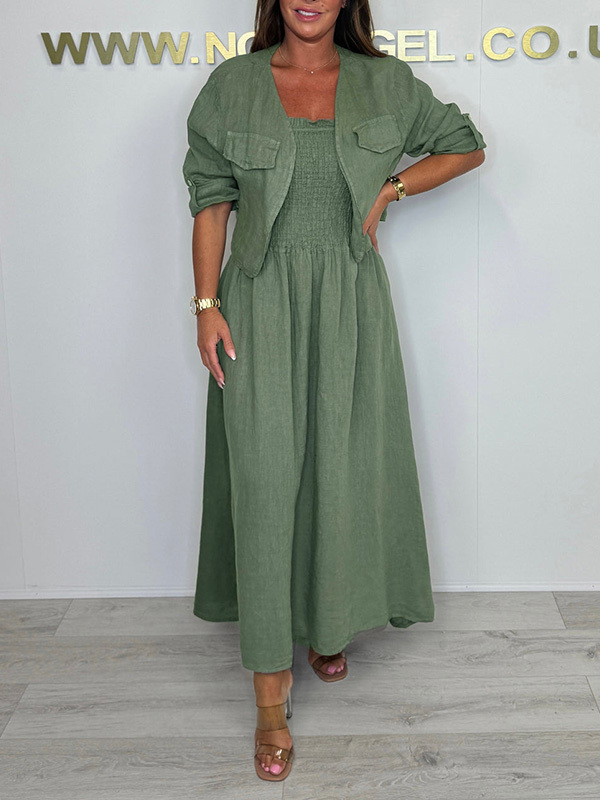 CLEARANCE🔥 Linen Smocked Dress With Over Jacket Two-piece Set