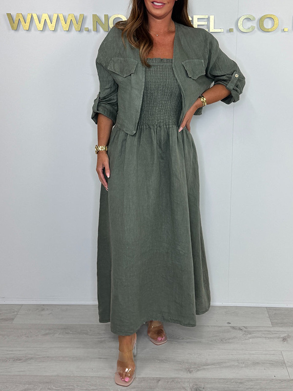 CLEARANCE🔥 Linen Smocked Dress With Over Jacket Two-piece Set