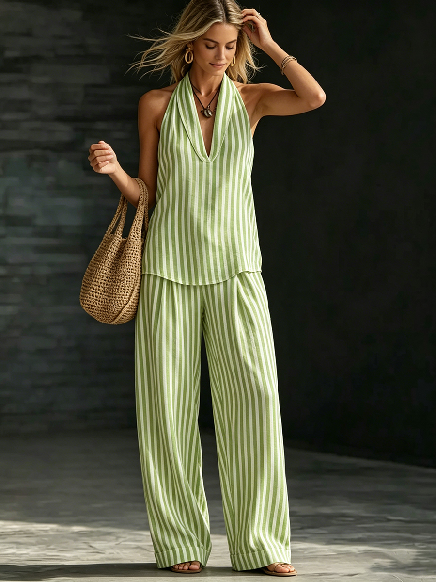 Cozy Striped Cotton-linen Two-piece Set