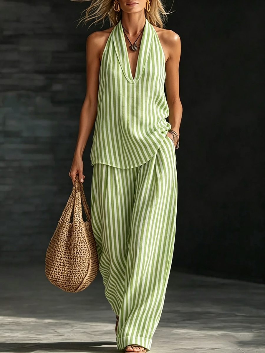 Cozy Striped Cotton-linen Two-piece Set