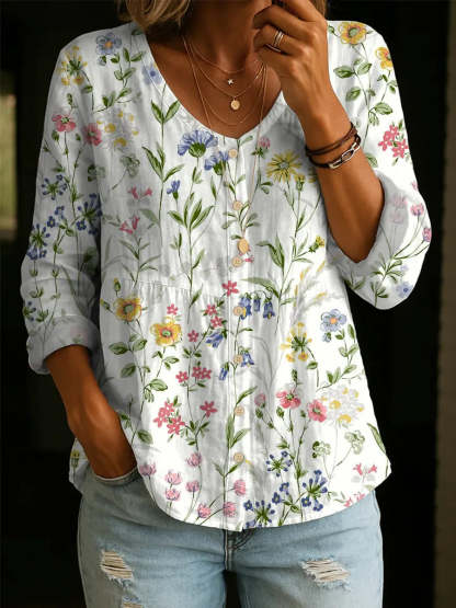 Plus Size Friendly Women's Floral Pattern Art Print Casual Cotton Shirt