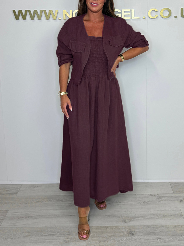 CLEARANCE🔥 Linen Smocked Dress With Over Jacket Two-piece Set