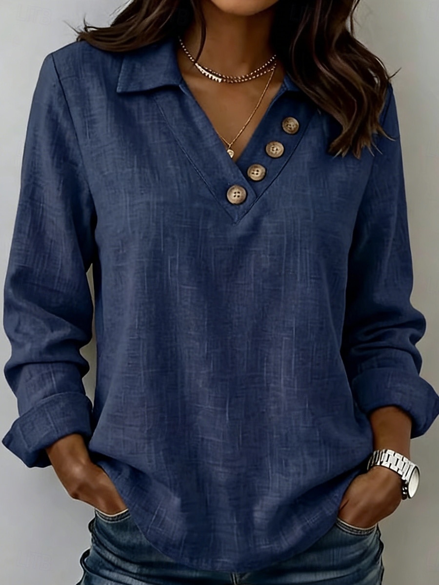 Women's Shirt Linen-feel Shirts Blouse Buttons Solid Color Plain Vintage Stylish Classic Long Sleeve V Neck Shirt Collar Off Shoulder Regular Tops Long Tops Daily Holiday Going out 2026 - &euro;23.99 &ndash;P3