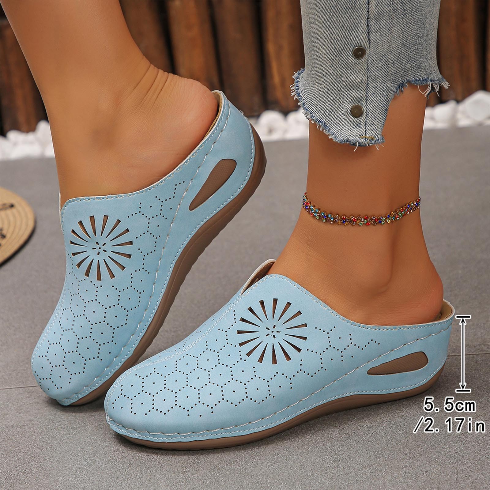 Women's Wide Width Floral Perforated Mules, Closed Toe Low Wedge Backless Clogs with Sunburst Cutouts, Comfortable Casual Shoes for Spring & Summer, Multi-Color