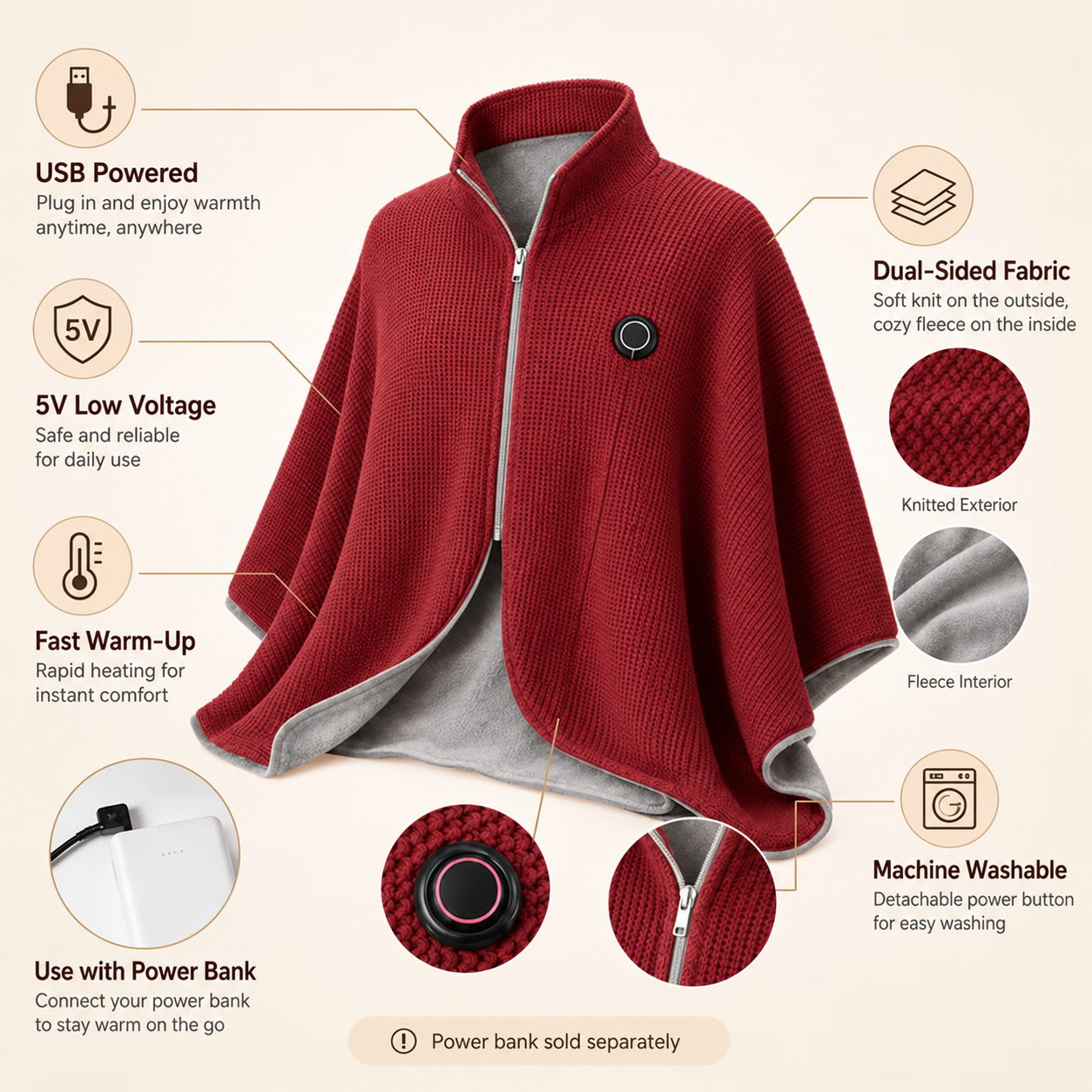 8-Zone Wearable Heated Blanket – Cozy Shawl with 3 Heat Levels & USB Power