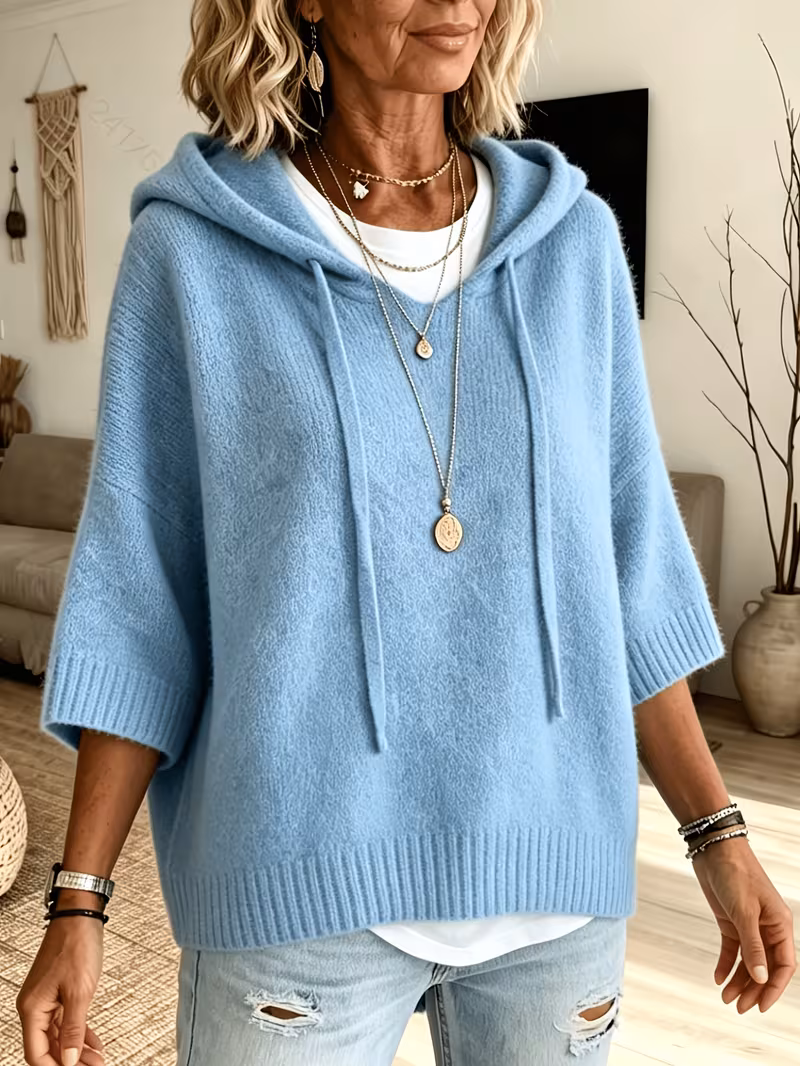 plus size womens elegant casual cute hooded sweatshirt cropped batwing sleeve short sleeve sleeve cardigan jacket knitwear plush patterned solid warm sweater powder blue 2