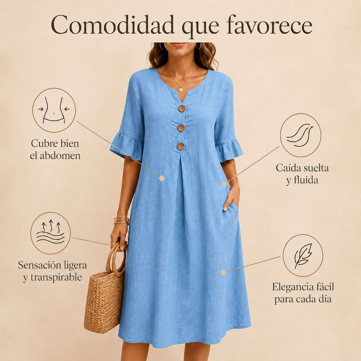 Women Notch V Neck 3/4 Ruffle Sleeve Linen Blend Midi Dress, Loose Button Front Casual Summer Shift Dress
