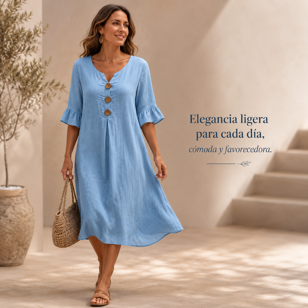 Women Notch V Neck 3/4 Ruffle Sleeve Linen Blend Midi Dress, Loose Button Front Casual Summer Shift Dress