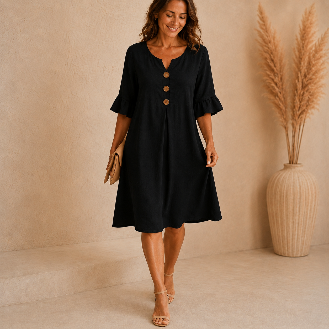Women Notch V Neck 3/4 Ruffle Sleeve Linen Blend Midi Dress, Loose Button Front Casual Summer Shift Dress