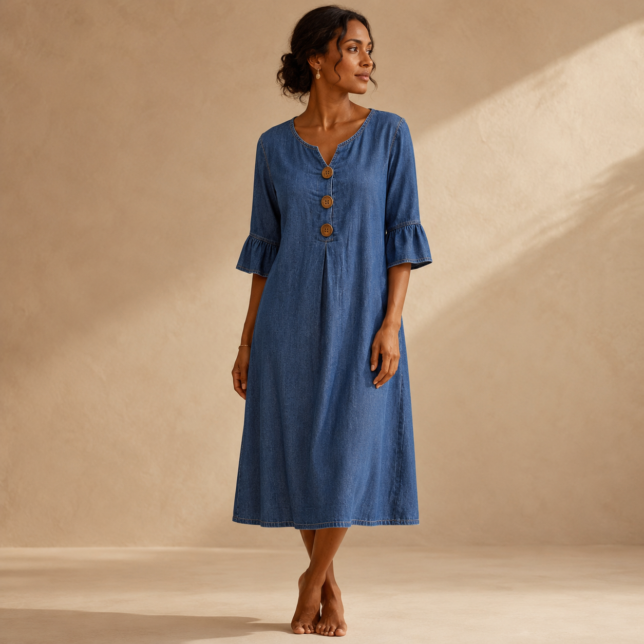 Women Notch V Neck 3/4 Ruffle Sleeve Linen Blend Midi Dress, Loose Button Front Casual Summer Shift Dress