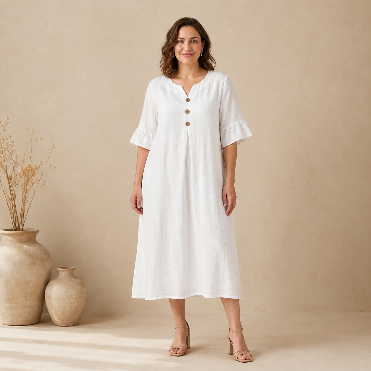 Women Notch V Neck 3/4 Ruffle Sleeve Linen Blend Midi Dress, Loose Button Front Casual Summer Shift Dress