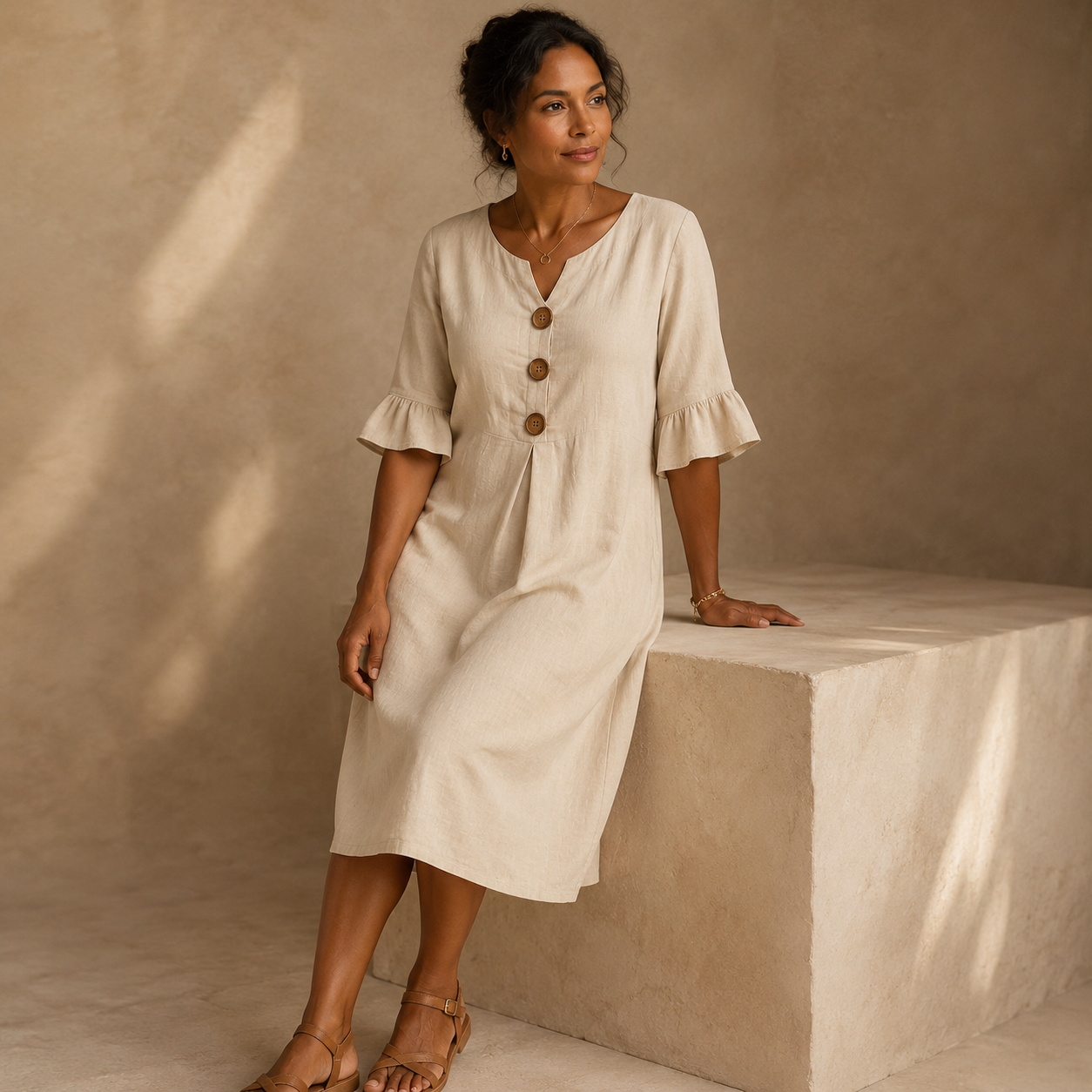 Women Notch V Neck 3/4 Ruffle Sleeve Linen Blend Midi Dress, Loose Button Front Casual Summer Shift Dress