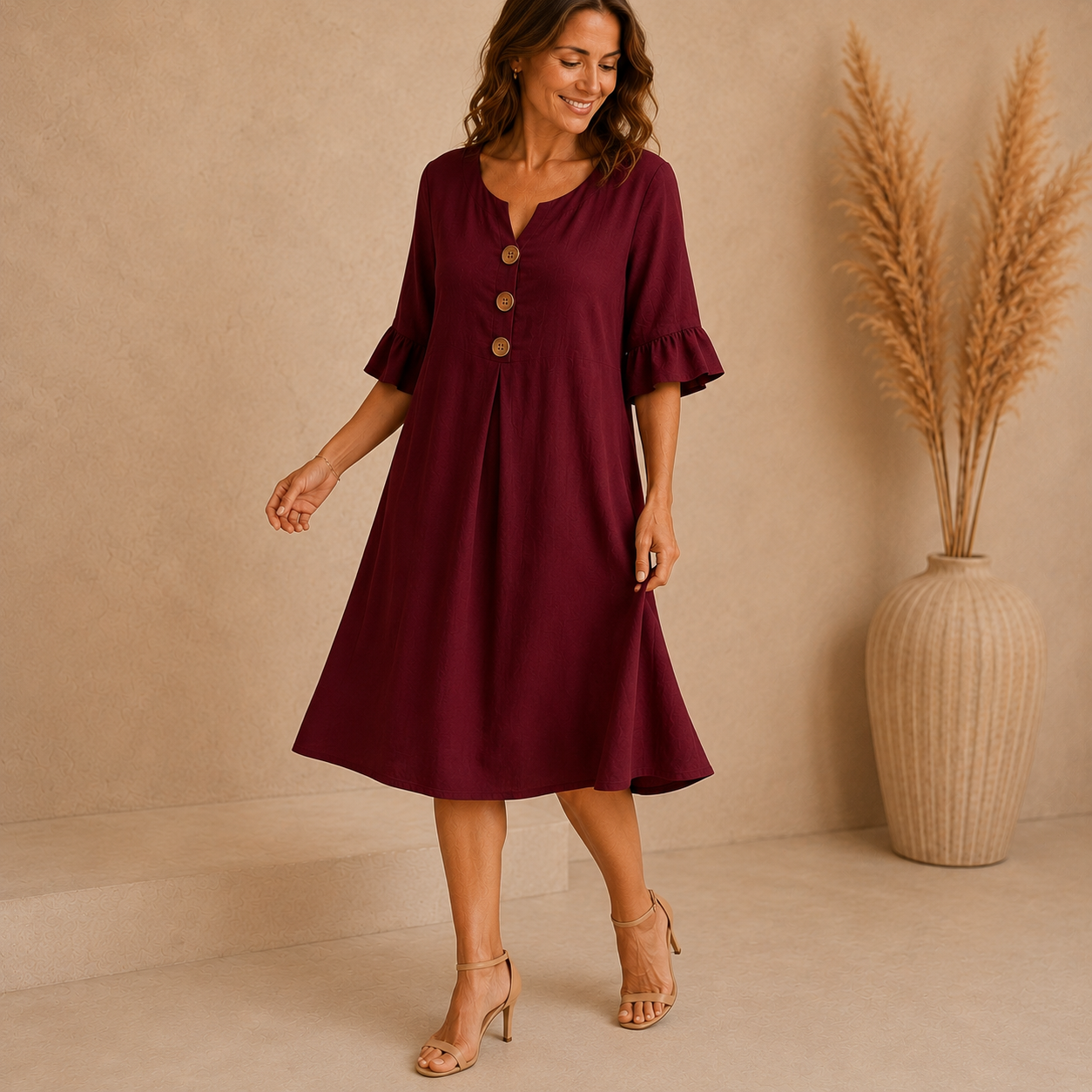Women Notch V Neck 3/4 Ruffle Sleeve Linen Blend Midi Dress, Loose Button Front Casual Summer Shift Dress