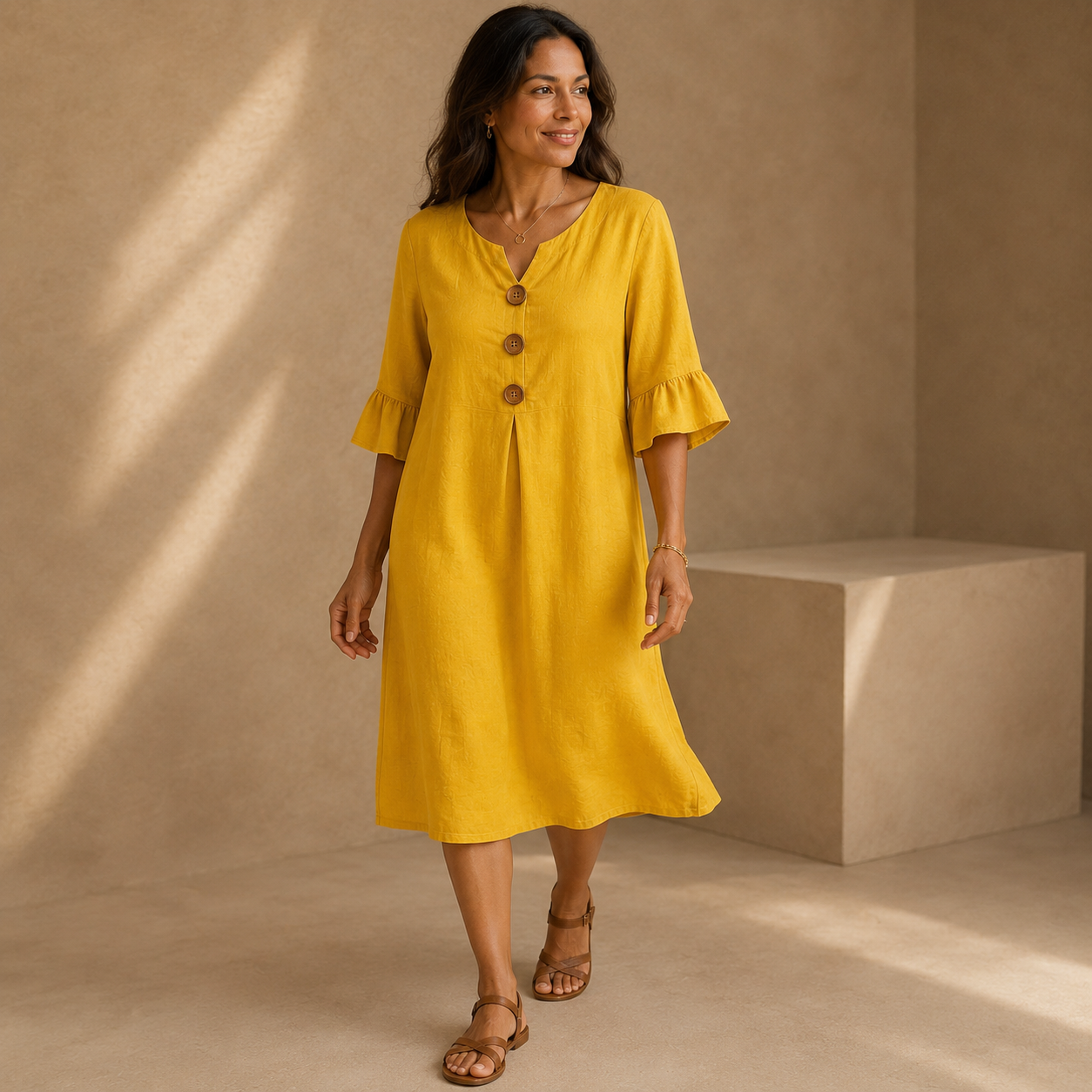 Women Notch V Neck 3/4 Ruffle Sleeve Linen Blend Midi Dress, Loose Button Front Casual Summer Shift Dress