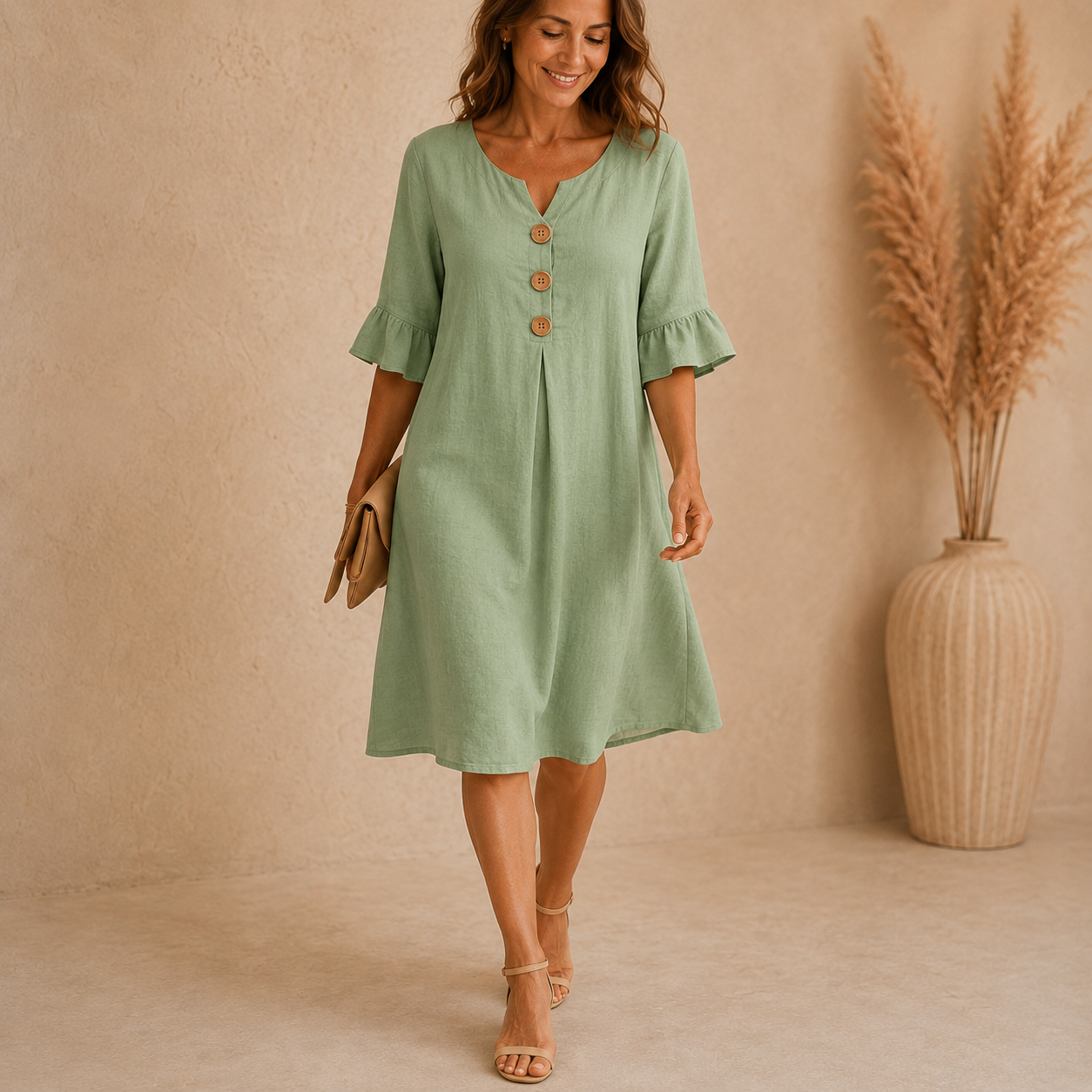 Women Notch V Neck 3/4 Ruffle Sleeve Linen Blend Midi Dress, Loose Button Front Casual Summer Shift Dress