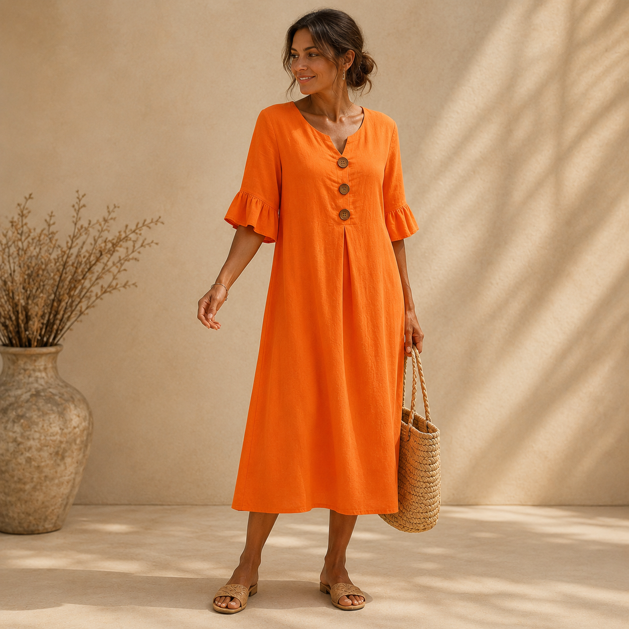 Women Notch V Neck 3/4 Ruffle Sleeve Linen Blend Midi Dress, Loose Button Front Casual Summer Shift Dress