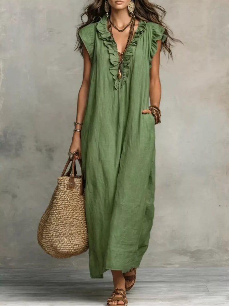 Ruffle V-Neck Loose Maxi Dress – Boho Sleeveless Casual Women Summer