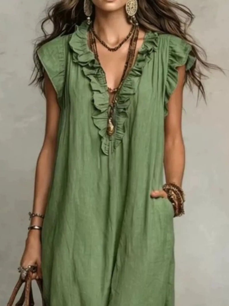 Ruffle V-Neck Loose Maxi Dress – Boho Sleeveless Casual Women Summer